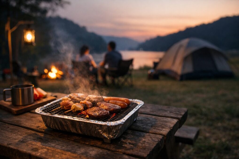 夕暮れの湖畔キャンプで簡易BBQコンロを使い、テーブル上で肉や串を焼いている様子