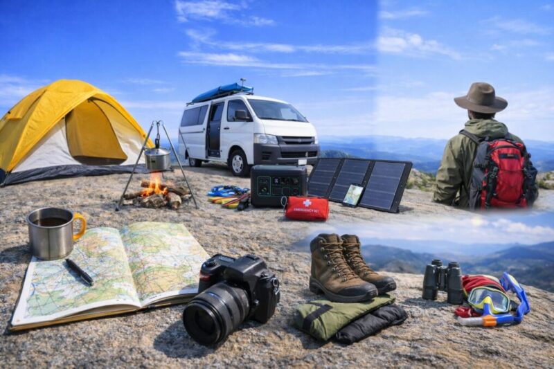 岩場の上にキャンプ道具や地図、カメラ、車中泊のバンとソーラーパネル、防災セット、アウトドア用品が並び、青空と山並みが広がる風景。