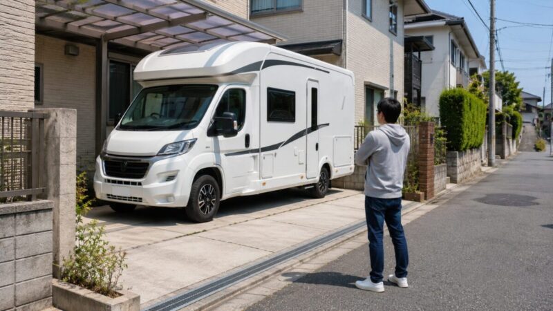 自宅駐車場にキャンピングカーを停める前に、前面道路や駐車スペースの幅を確認している様子