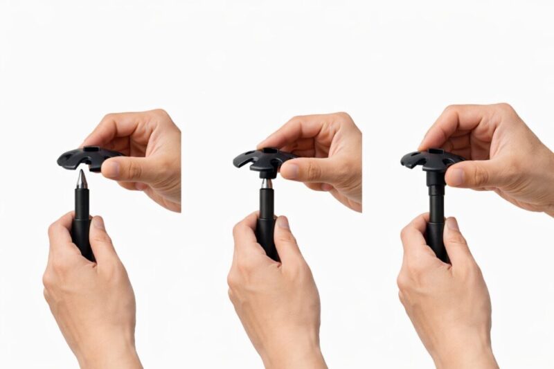 トレッキングポールにバスケットを取り付ける基本手順を示すイメージ