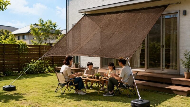 大型の日よけシェードを庭に設置して家族が日陰で過ごしている様子