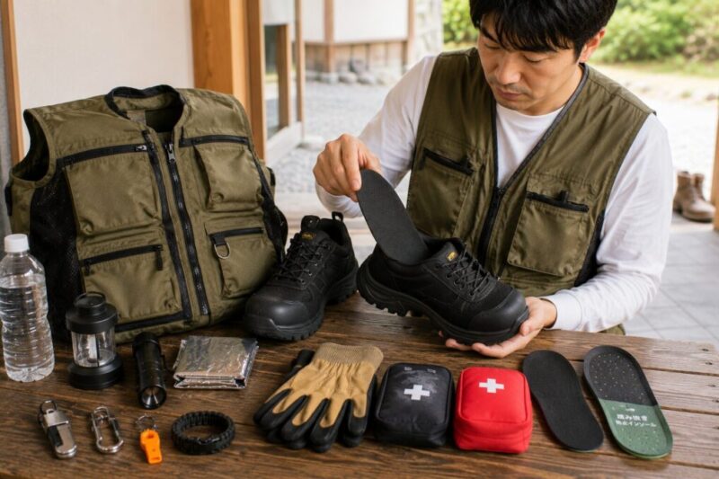 防災ベストとセーフティシューズ、インソールやライトを並べて避難時の足元対策を準備している様子