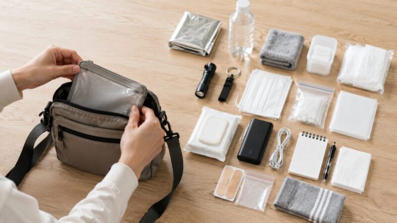 持ち歩きやすい軽量防災ポーチをバッグに入れる様子