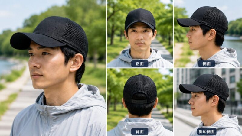 黒いメッシュキャップを正面・側面・背面から着用した男性の比較写真