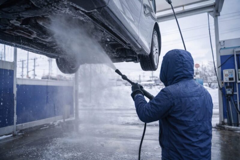 融雪剤による汚れを落とすため、洗車場で車の下回りを洗浄している様子