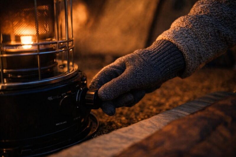 寒い夜でも寝る前にストーブの消火操作を行う手元の様子