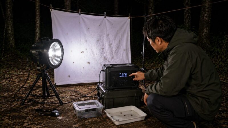 昆虫採集用投光器をポータブル電源へ接続し、残量と稼働状況を確認する様子