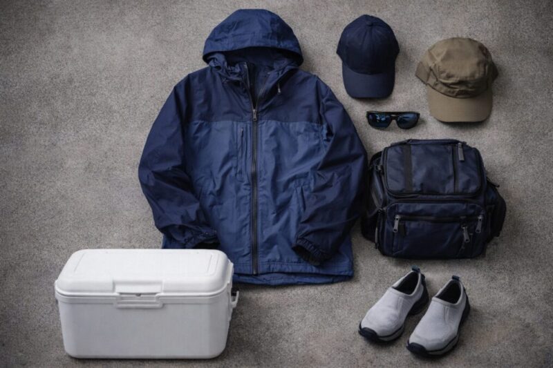 船釣り前に確認したい服装と持ち物を並べたイメージ