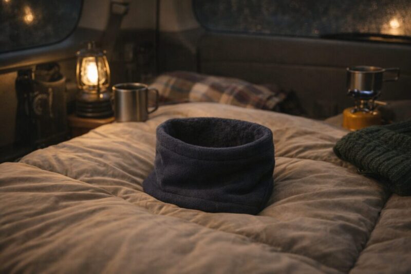 車中泊の寝具のそばにネックウォーマーと冬小物を置き、首元の冷え対策をイメージした写真