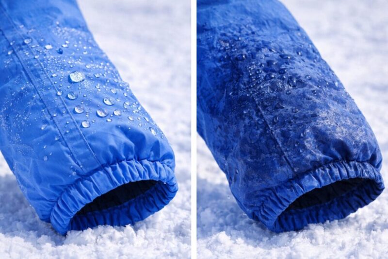 水滴を弾く袖口と水が染みた袖口を並べて、撥水の状態を比較している様子