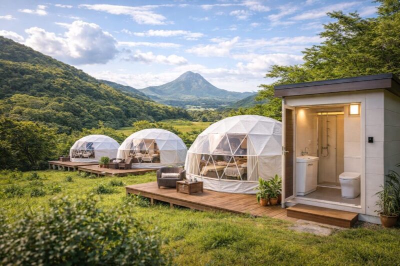 九州でトイレ付きグランピングを探すイメージ