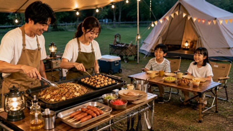 キャンプ場で焼きそばやたこ焼きを安全に調理しておうち縁日を楽しむ家族