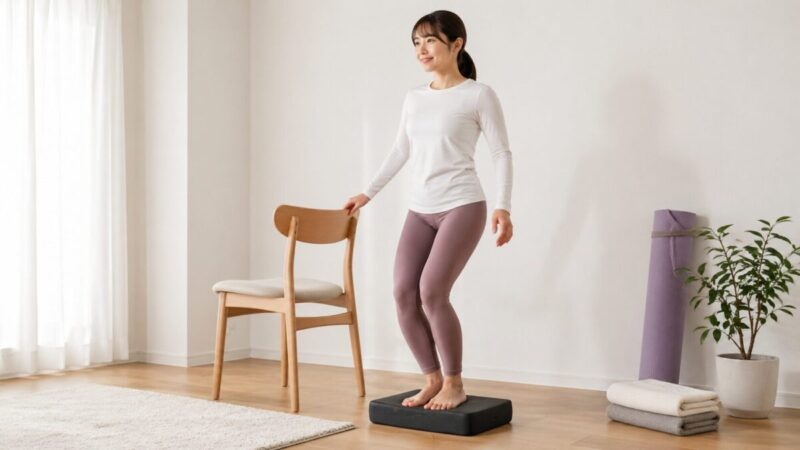 室内で椅子を支えにしながらバランスパッドに立ち、足元の安定感を確認している様子。
