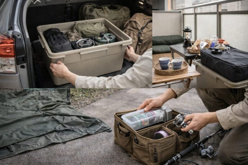 外遊びのスタイル別に道具を小分けし、目的に合わせて持ち出しやすく準備している様子