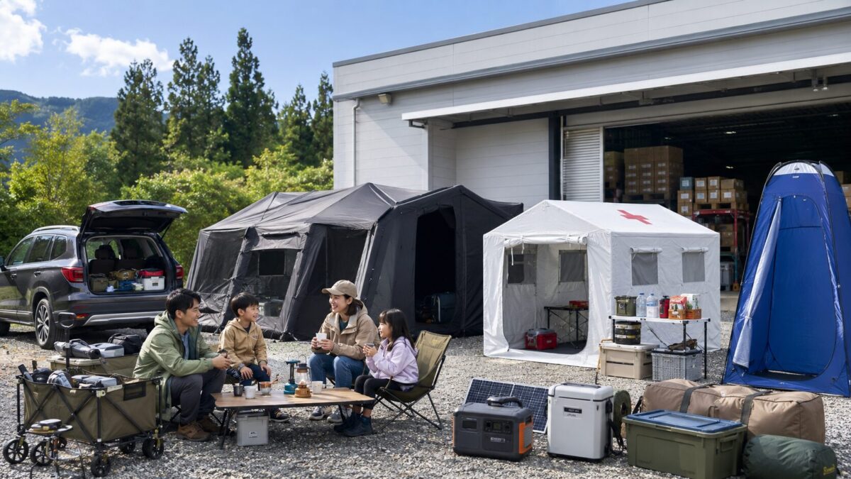防災テントとキャンプ用品を並べた災害時の備えと外遊びを兼ねたアウトドア拠点のイメージ