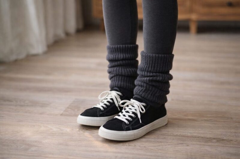 レギンスの上にレッグウォーマーを重ね、スニーカーと合わせた足元コーデの写真