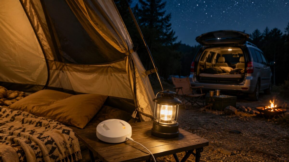 キャンプと車中泊の夜に電気式マット蚊取り器を置いて蚊対策をする様子