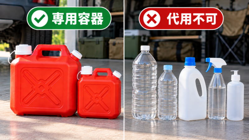 灯油専用容器のイメージと代用できないペットボトルや洗剤容器を左右で比較した画像