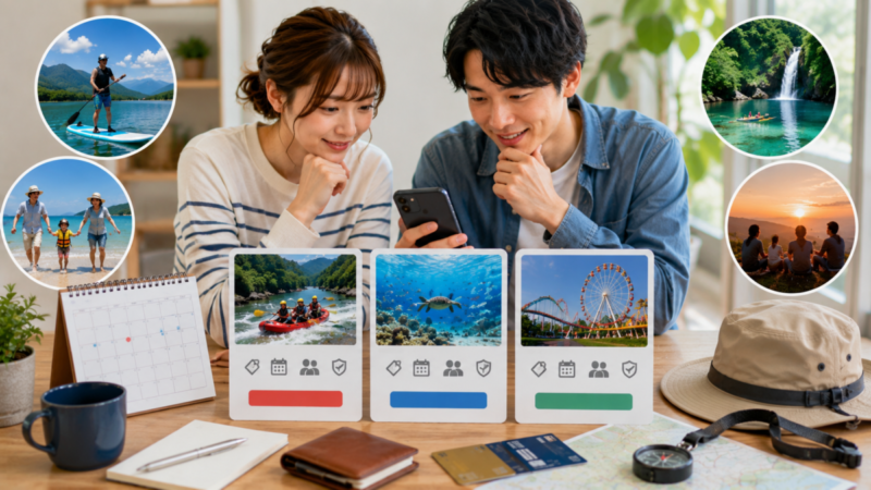 アクティビティ予約の料金や日程、条件をスマホで比較する男女