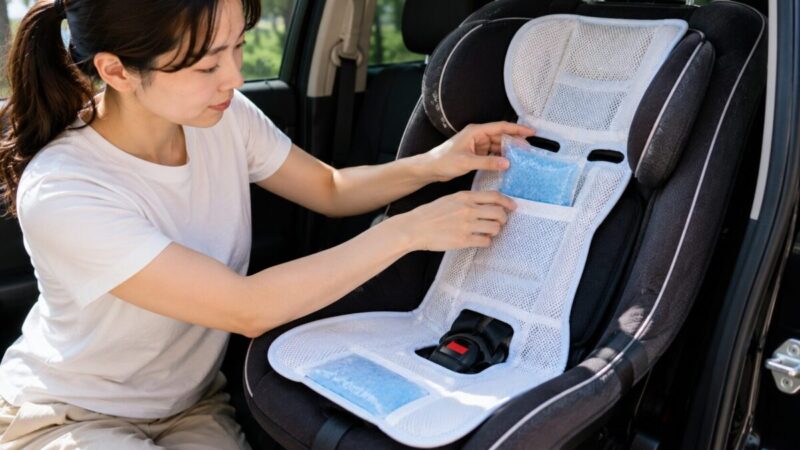 チャイルドシート用保冷シートの専用ポケットへジェル保冷剤を入れる様子