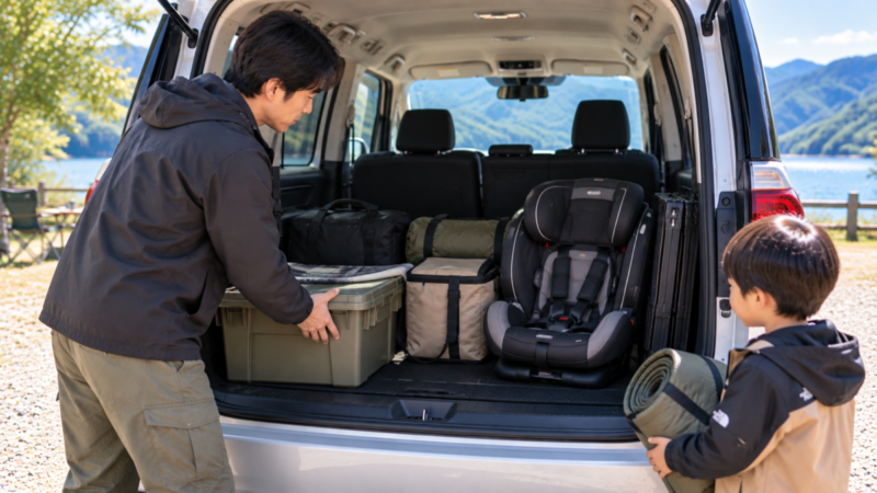 車中泊の準備で取り外したチャイルドシートを荷室に仮置きし、収納ボックスを整理する親子