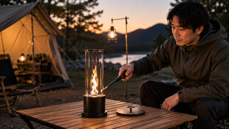 キャンプでPATIO FLAME風ファイヤーランプをロングライターで着火する様子
