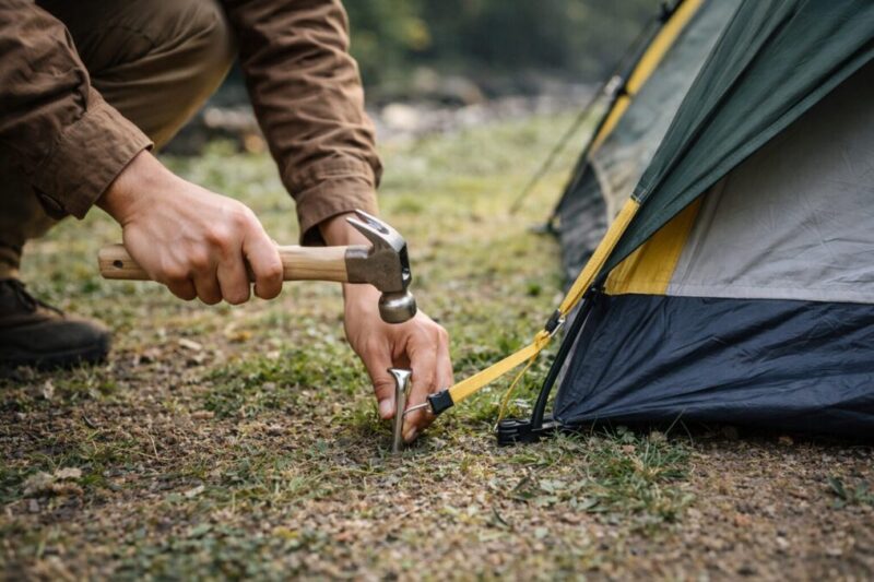 小型テントを設営しながらペグを打ち込んで固定している手元の様子