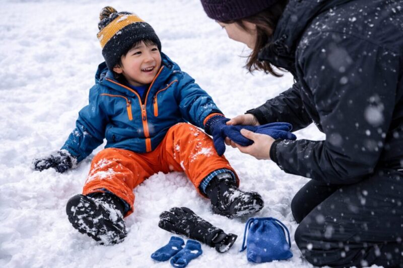 雪遊びで濡れた手袋を替えて寒さを防ぐ子どものイメージ