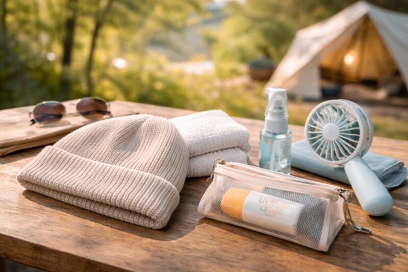 木製テーブルに薄手のニット帽とタオル、携帯扇風機を並べた夏の外遊び準備のイメージ