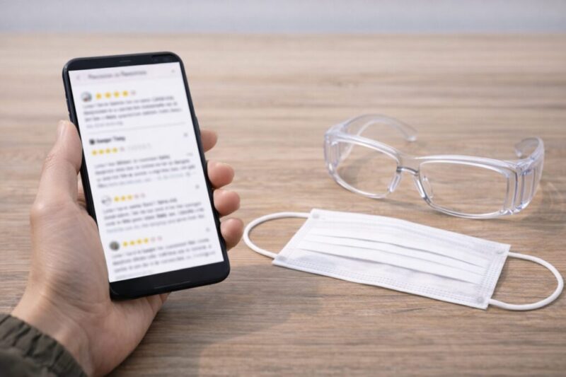 花粉対策メガネの口コミを確認しながら判断しているイメージ