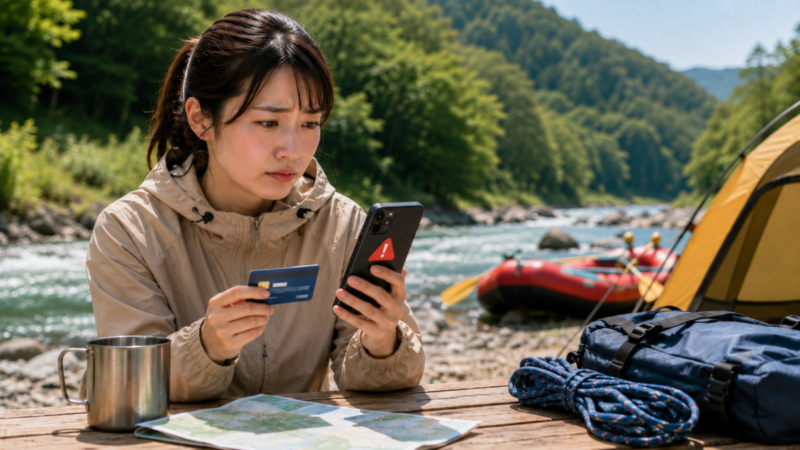 クレジットカードとスマホを見比べて決済エラーの原因を確認する女性