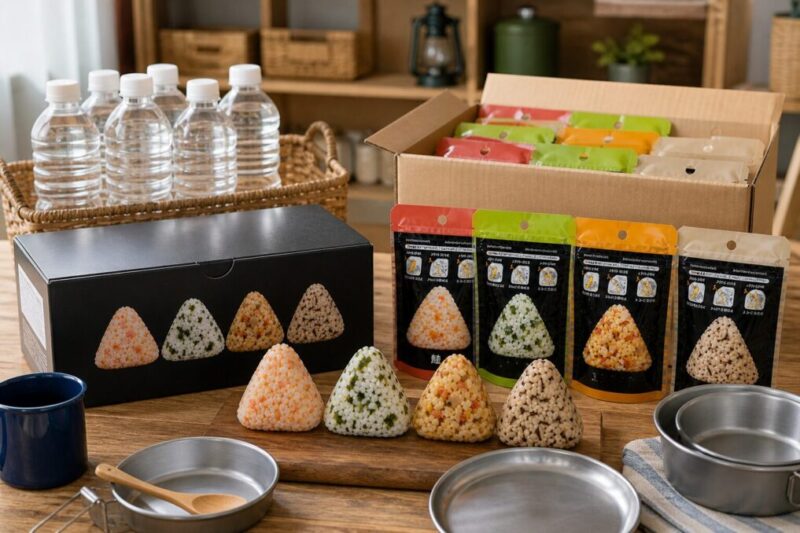 非常食おにぎりの箱入りセットと個包装を並べて購入前に比較している様子