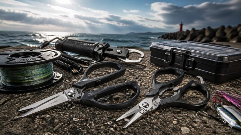 海辺の堤防に、釣り用ハサミ、PEライン、タックルケース、周辺道具を並べて、高性能モデルを比較しているイメージ