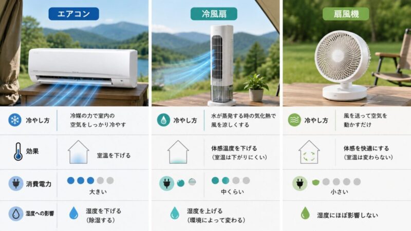 エアコンと冷風扇と扇風機の違いをわかりやすく比較した図