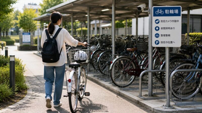 ヘルメットを前かごに入れた自転車を整備された駐輪場へ押していく女性
