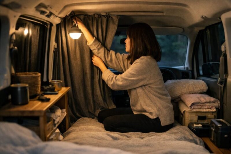女子の軽自動車車中泊で最初に整えたい基本装備のイメージ