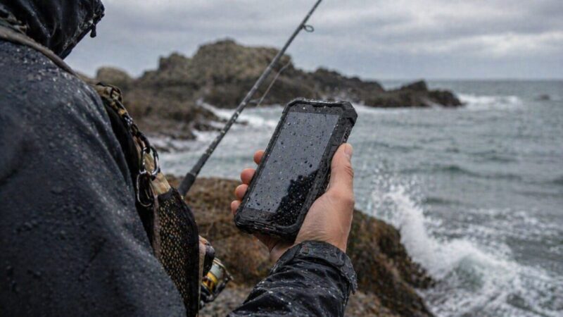 釣り場で水しぶきに強いタフネススマホを使うイメージ