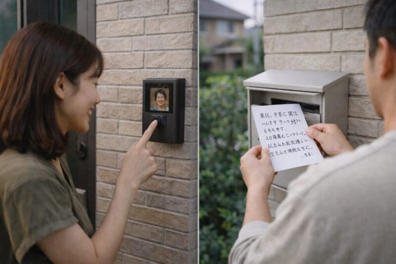 庭バーベキュー前に近隣へ配慮して声かけする様子