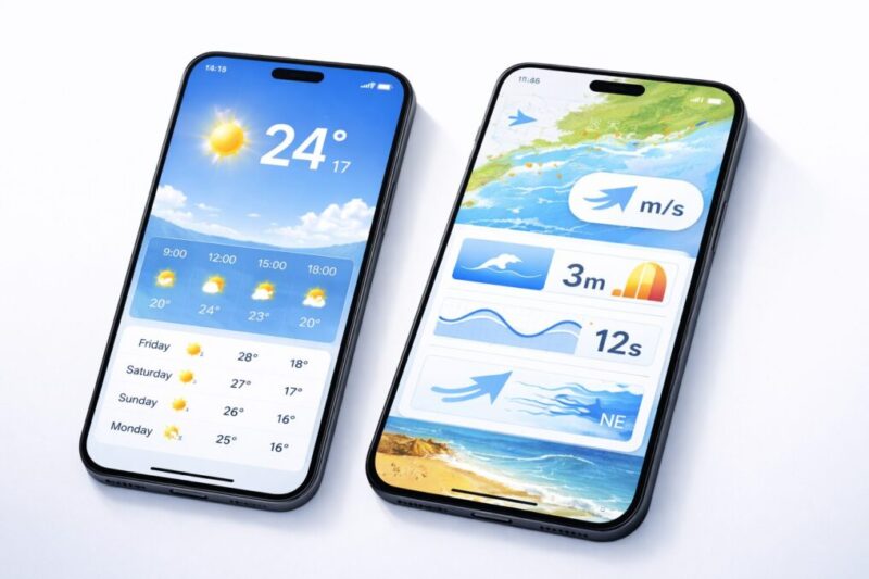 陸向けの天気画面と海向けの気象情報画面を並べて比較したスマホのイメージ