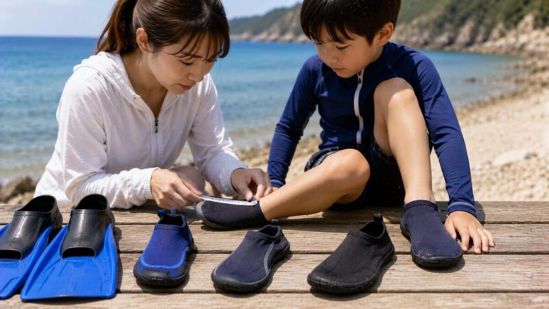 子どもの足長を測り、サイズの異なるフィンソックスと子ども用フィンを比較する親子