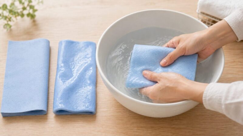 硬くなったPVAセームタオルを水で柔らかく戻してやさしく押し洗いする様子