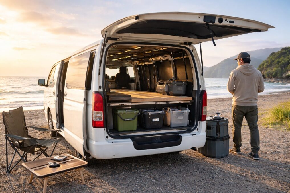 海辺に停めた車の荷室に、ベッド台や収納ケース、キャンプ道具が整然と配置された釣りキャンプ向けの外遊び仕様