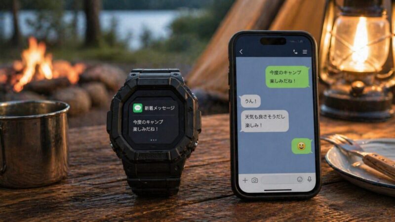 スマートウォッチの通知確認とスマホでのメッセージ返信の違いを示すキャンプ場のイメージ