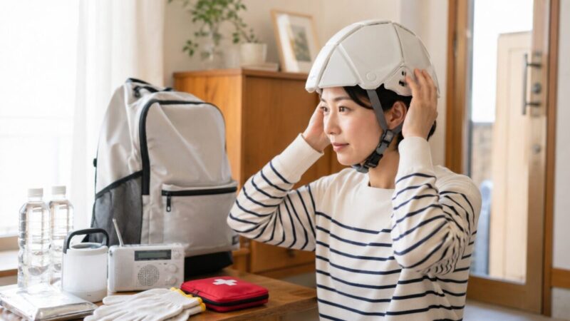 防災バッグや水、ライトと一緒に折りたたみ防災ヘルメットを装着して備えを確認するイメージ