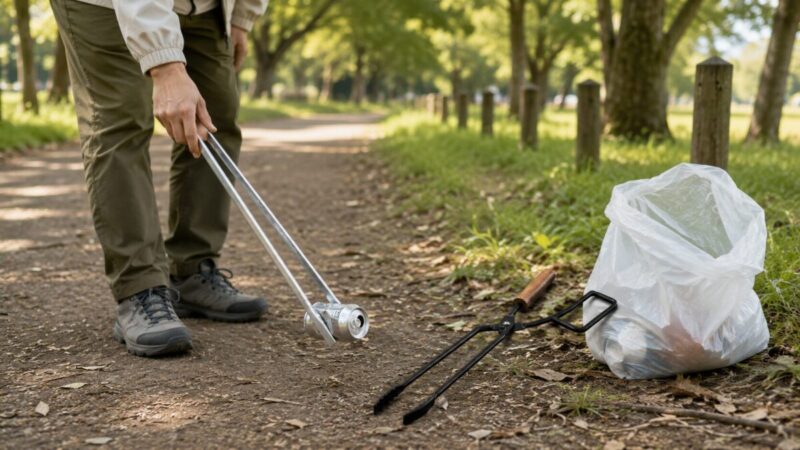 公園で長い清掃用トングを使って空き缶を拾い、焚き火用火ばさみと比較している様子