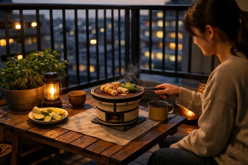 マンションベランダで七輪を使った落ち着いたベランピング風景
