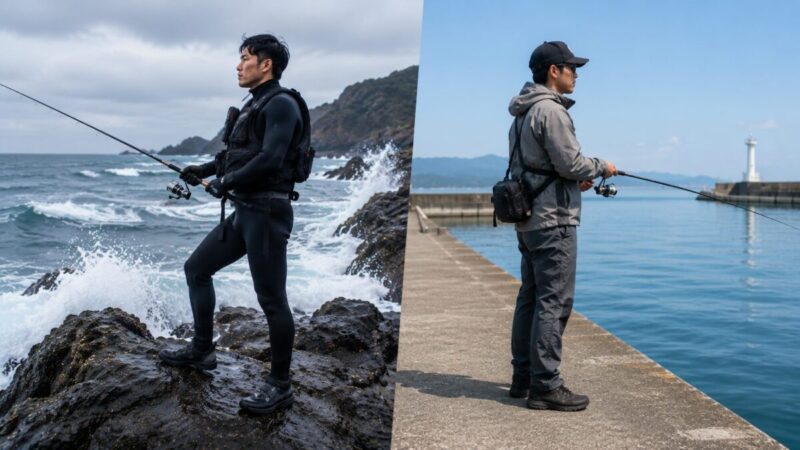 荒磯でウェットスーツを着る釣り人と穏やかな堤防でレインウェアを着る釣り人の比較