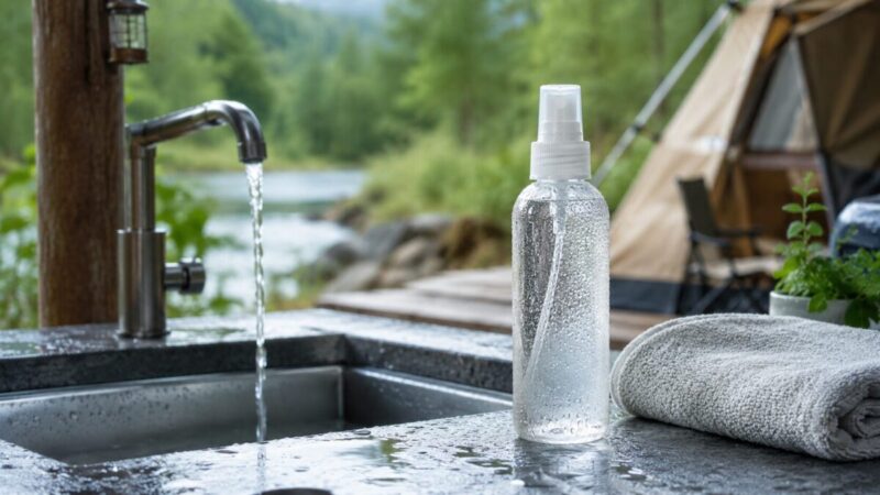 キャンプ場の水場で外遊び後の保湿に使いやすい透明ボトルのミスト化粧水