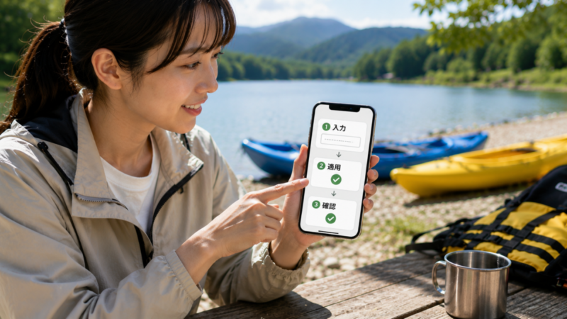 クーポンコードの入力から適用確認までをスマートフォンで操作する様子