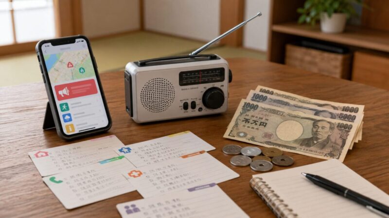 防災アプリ用のスマホと現金、ラジオ、連絡メモを並べた災害時の情報対策イメージ